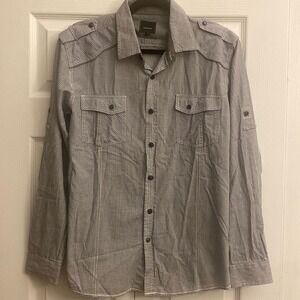 Harmon Military Utility Button Down Mens Size L Grey White Micro Check Cotton